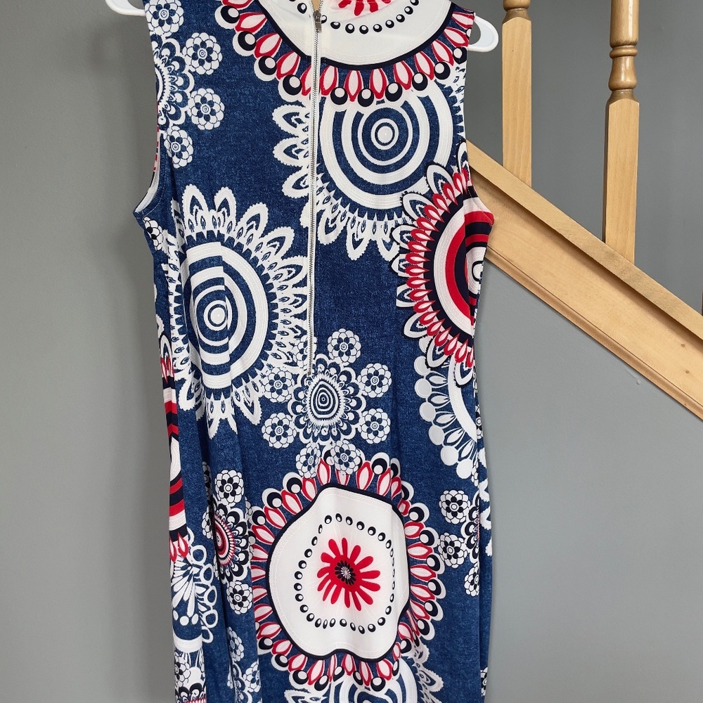 PAPILLION RETRO SHEATH DRESS COLORFUL BOLD BOHO PRINT RED BLUE WHITE SZ L - Picture 2 of 6